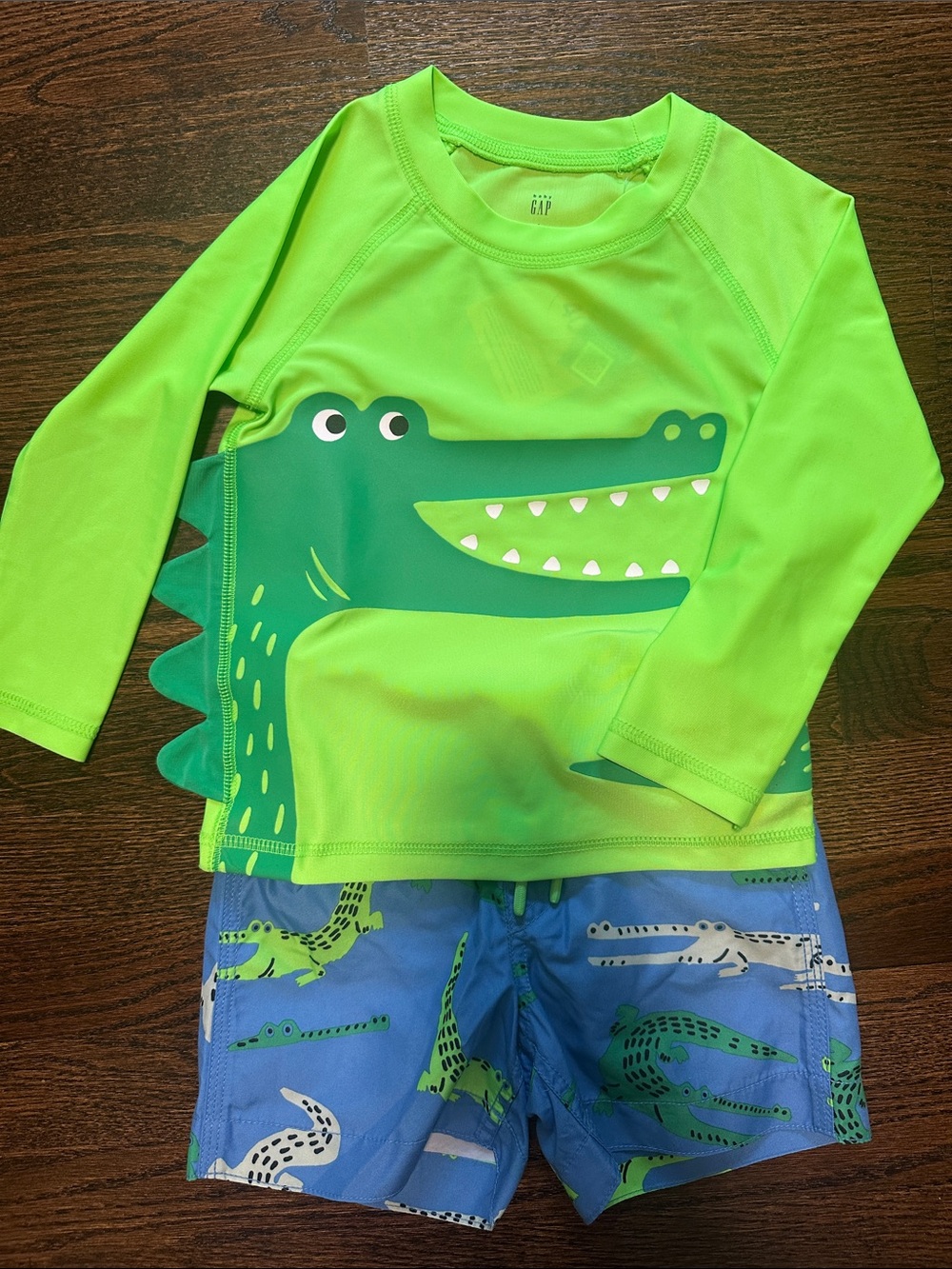 GAP Kids Neon Green Crocodile Rash Guard Swim Set with Blue Trunks